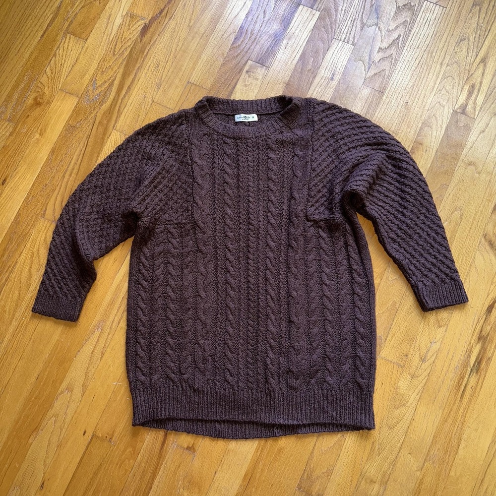 Natural Life Sweater M Chocolate Brown Cable Knit Crewneck Tunic Cozy 3/4 Sleeve